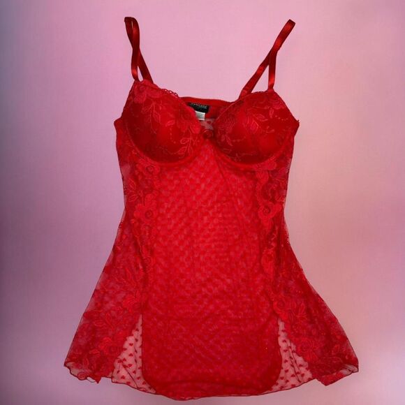 Rampage Y2K red sheer lingerie top with floral lace detailing and heart pattern - Picture 5 of 8